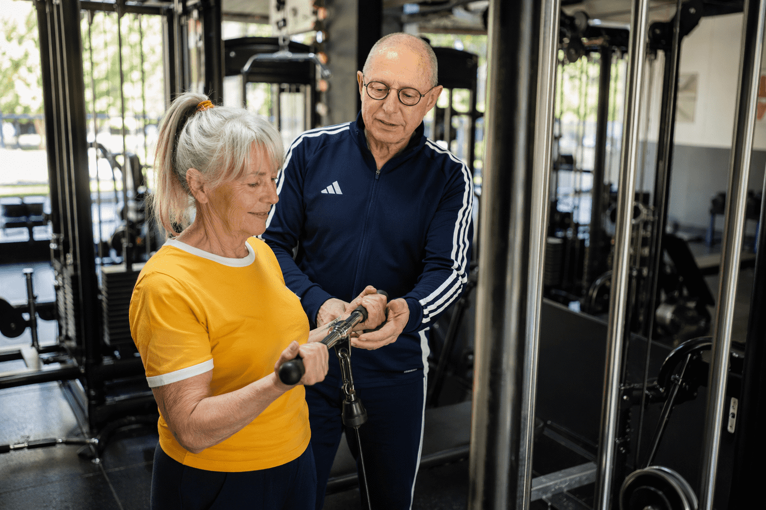 Personal trainer begeleidt een 50-plusser bij het trainen