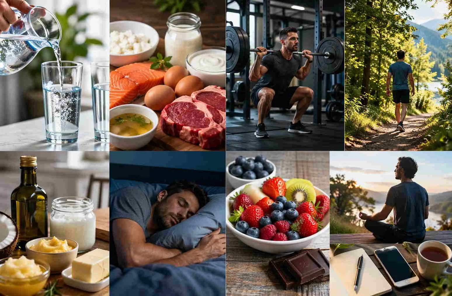Collage met gezonde voeding, fitness en leefstijl: water, vis, eieren, groenten, gewichtheffen, hardlopen, slapen, fruit, olijfolie en meditatie.
