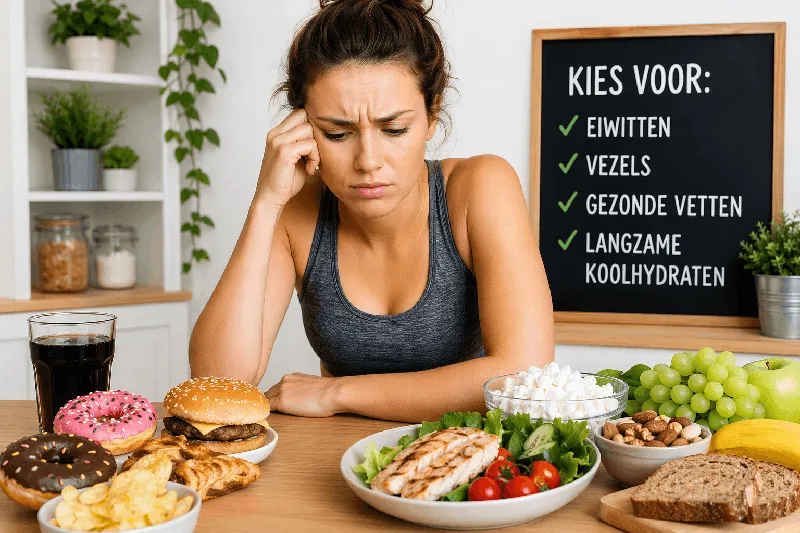 Vrouw kijkt twijfelend naar tafel vol ongezonde snacks en gezonde voeding, met bord op achtergrond met tips voor gezonde keuzes.