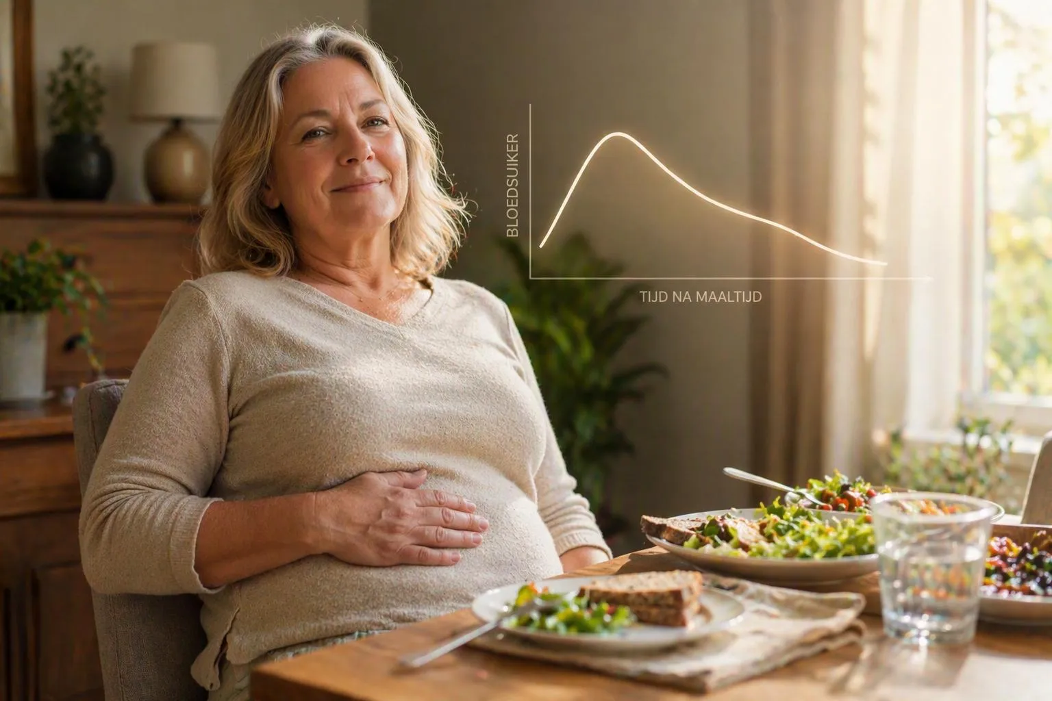 Zwangere vrouw zit aan tafel met gezonde maaltijden en kijkt tevreden opzij.