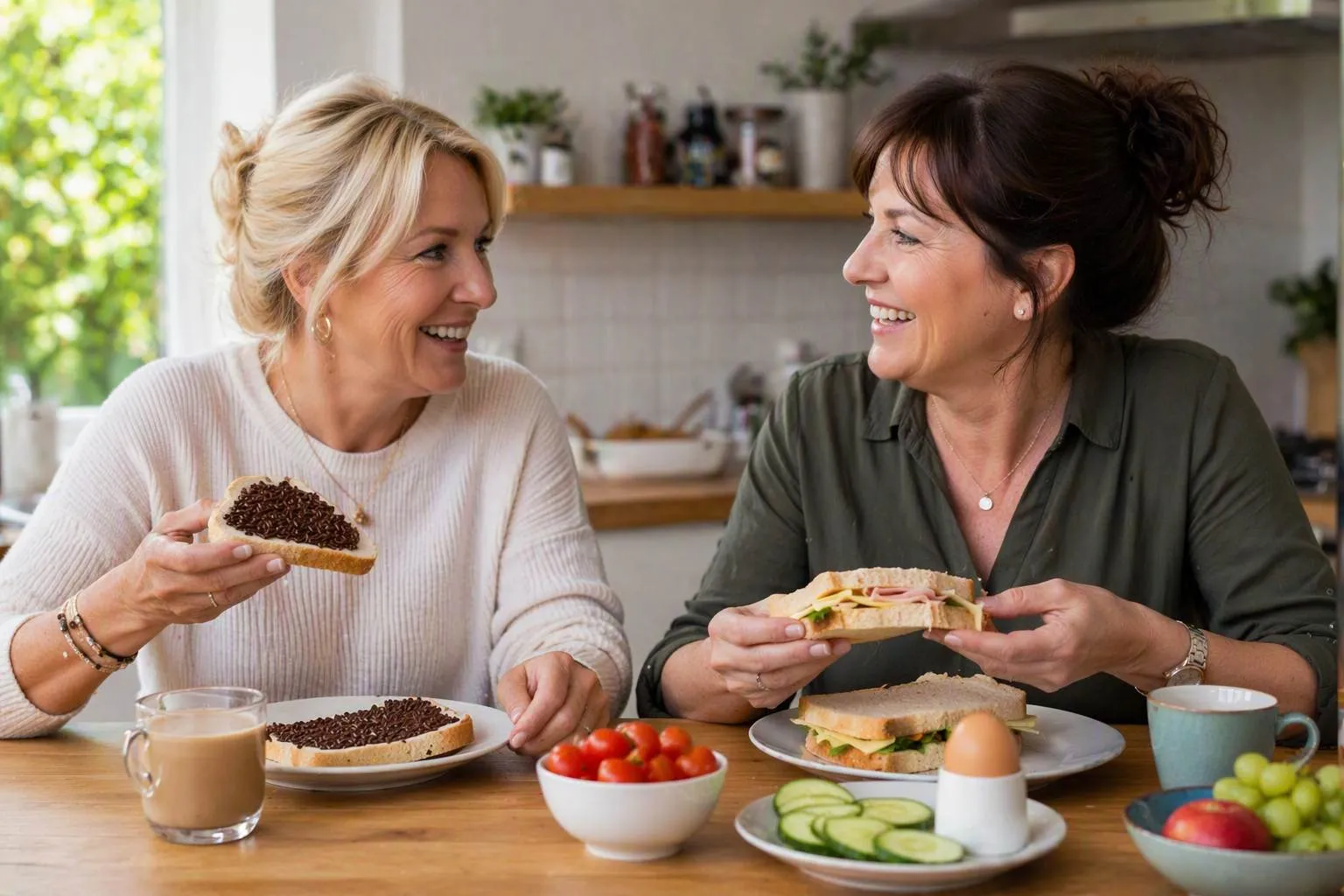 Twee vrouwen eten samen aan tafel met brood, groenten, fruit en drank.