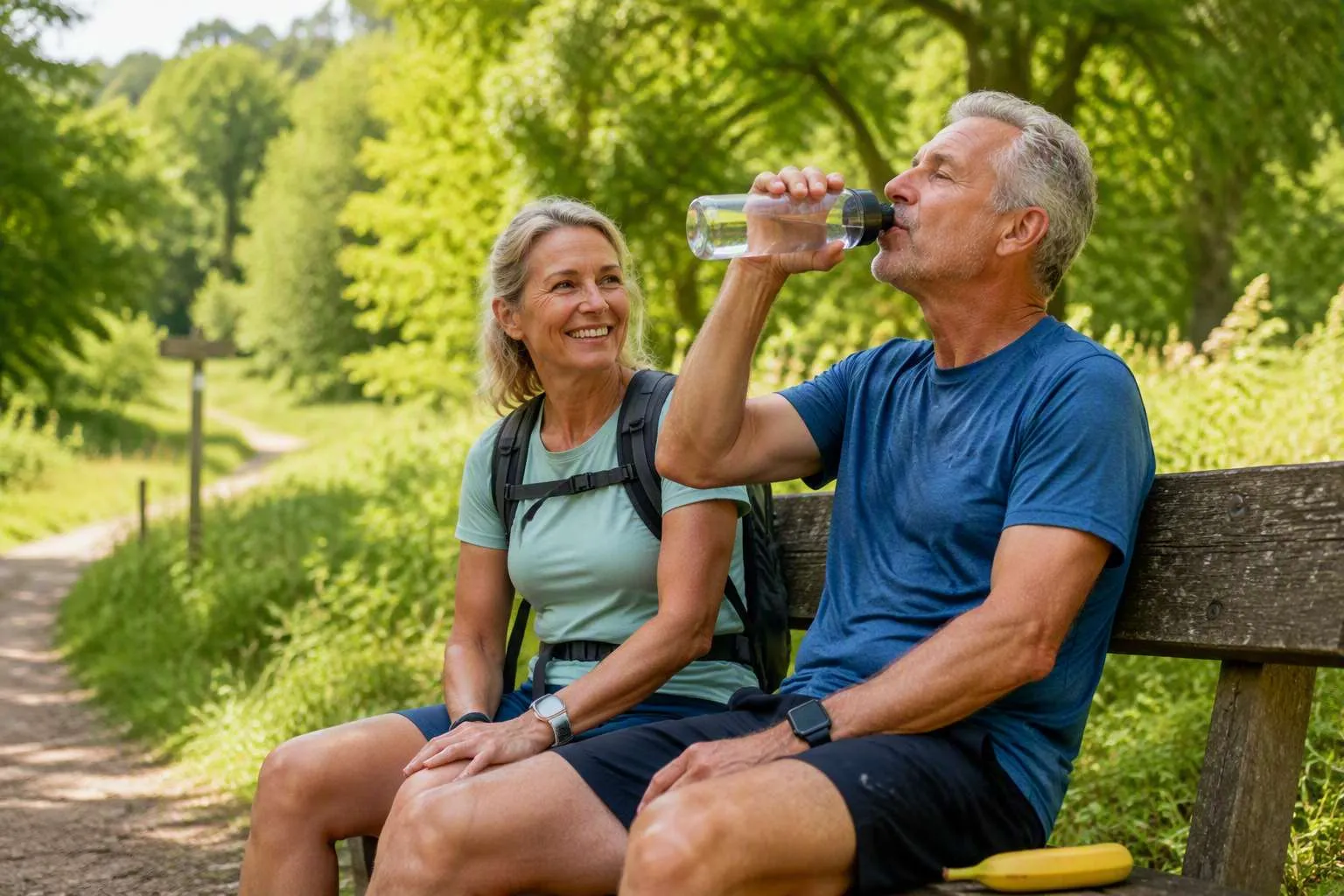 Twee mensen in sportkleding zitten op een bankje in een groen landschap. De man drinkt uit een waterfles, naast hen ligt een gele banaan.