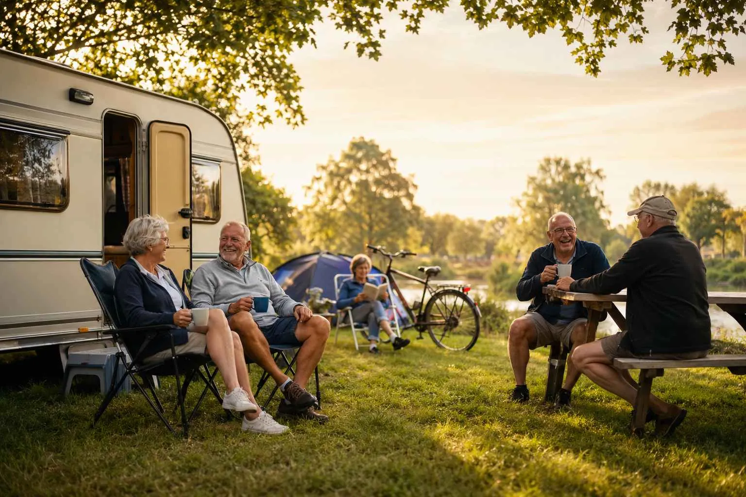 Groep mensen van middelbare leeftijd zit buiten bij een camper en tent, met fietsen erbij, in een groen landschap.