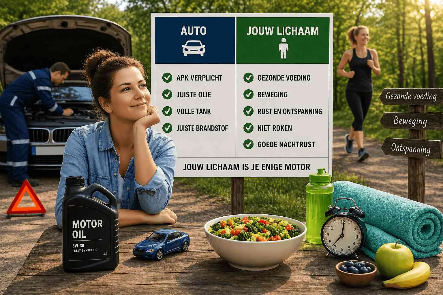 Vrouw in spijkerjasje bij tafel met motorolie, groenteschaal, sportspullen en fruit, met infographic over autounderhoud en gezonde leefstijl.