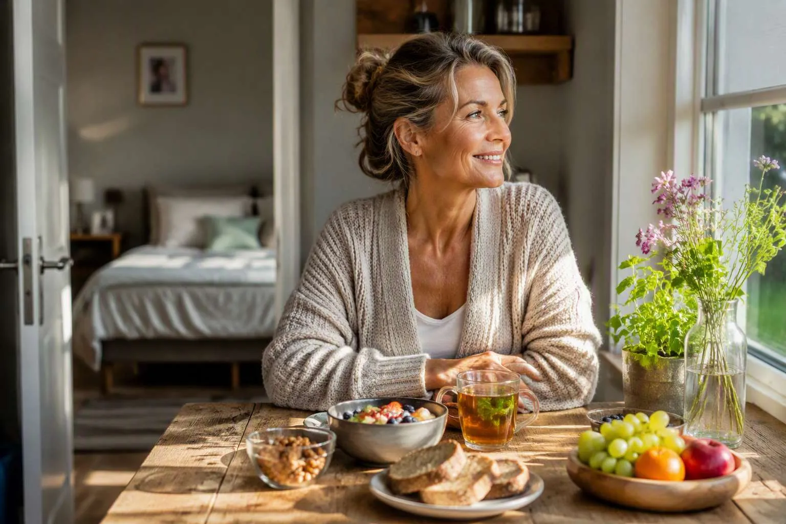 Vrouw aan tafel met gezonde voeding: groenten, fruit, noten en thee, kijkend naar het raam.