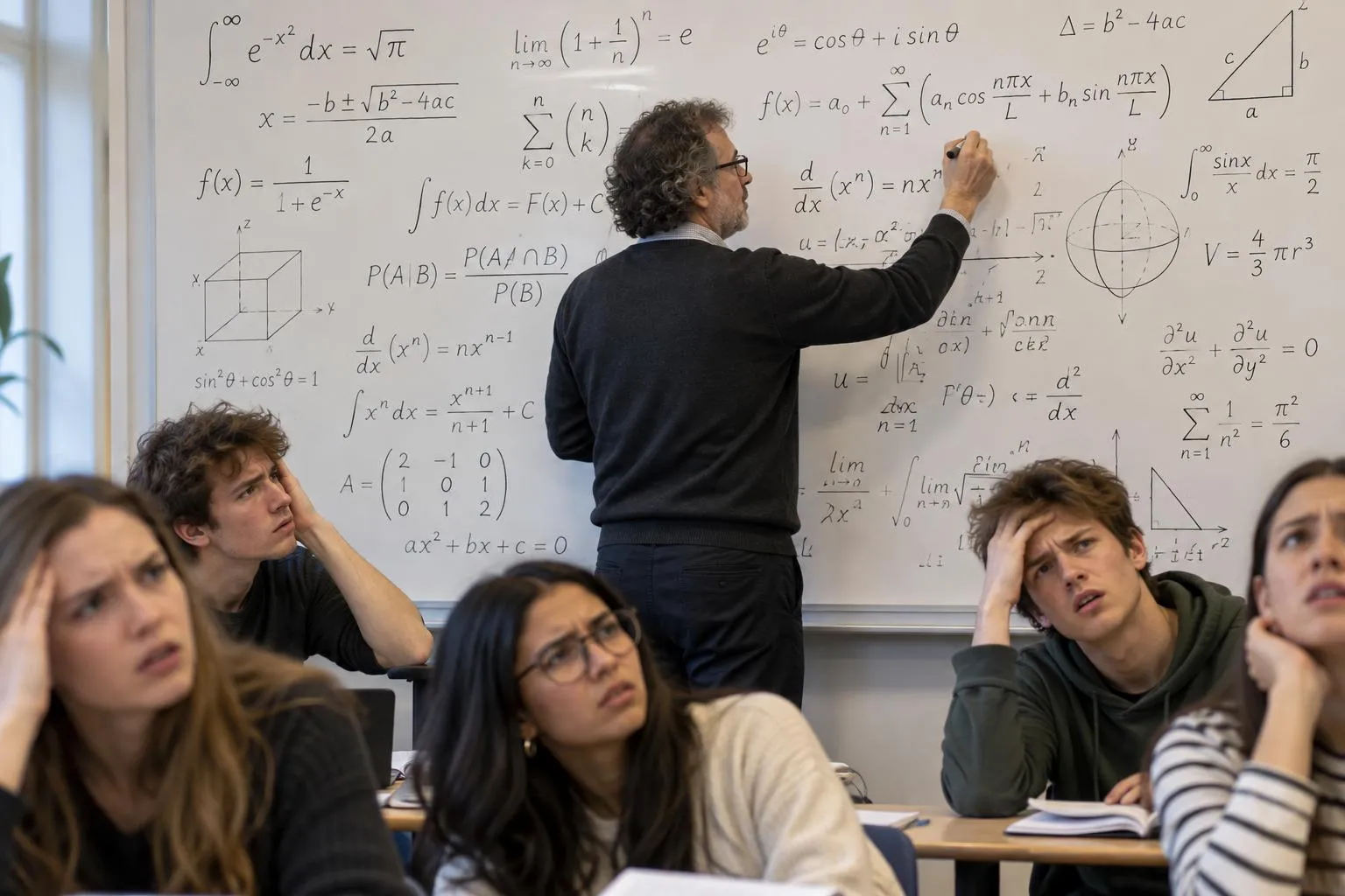 Pal waarde - Docent schrijft wiskundige formules op een whiteboard terwijl studenten aandachtig luisteren.
