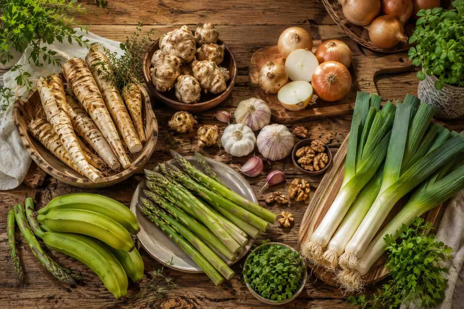 Diverse groenten op houten tafel: wortels, uien, knoflook, asperges, prei, paddestoelen, bananen en kruiden.