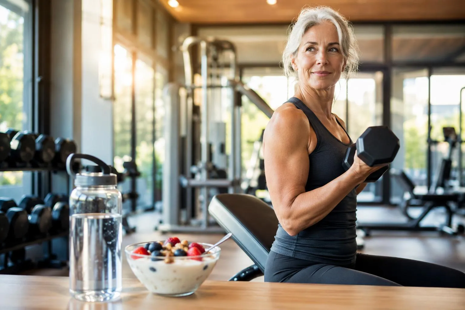 Vrouw in sportkleding met halter in een fitnessruimte, naast een kom met fruit en een waterfles.