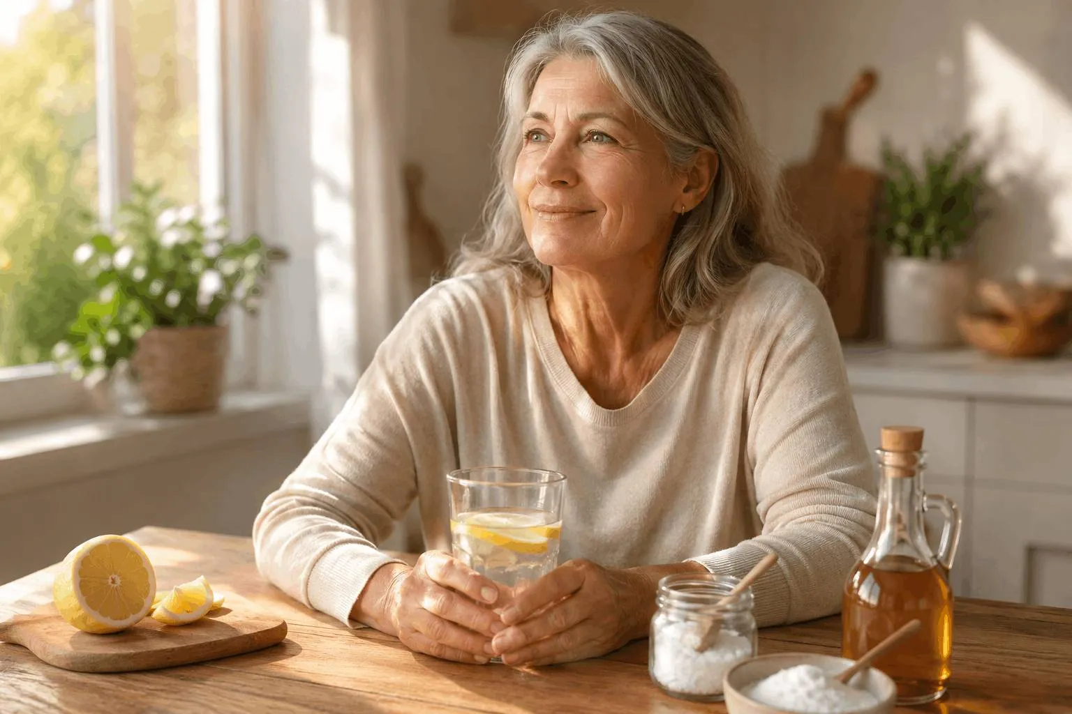 Vrouw aan tafel met glas water met citroen, omgeven door ingrediënten zoals olie en zout, kijkt naar buiten