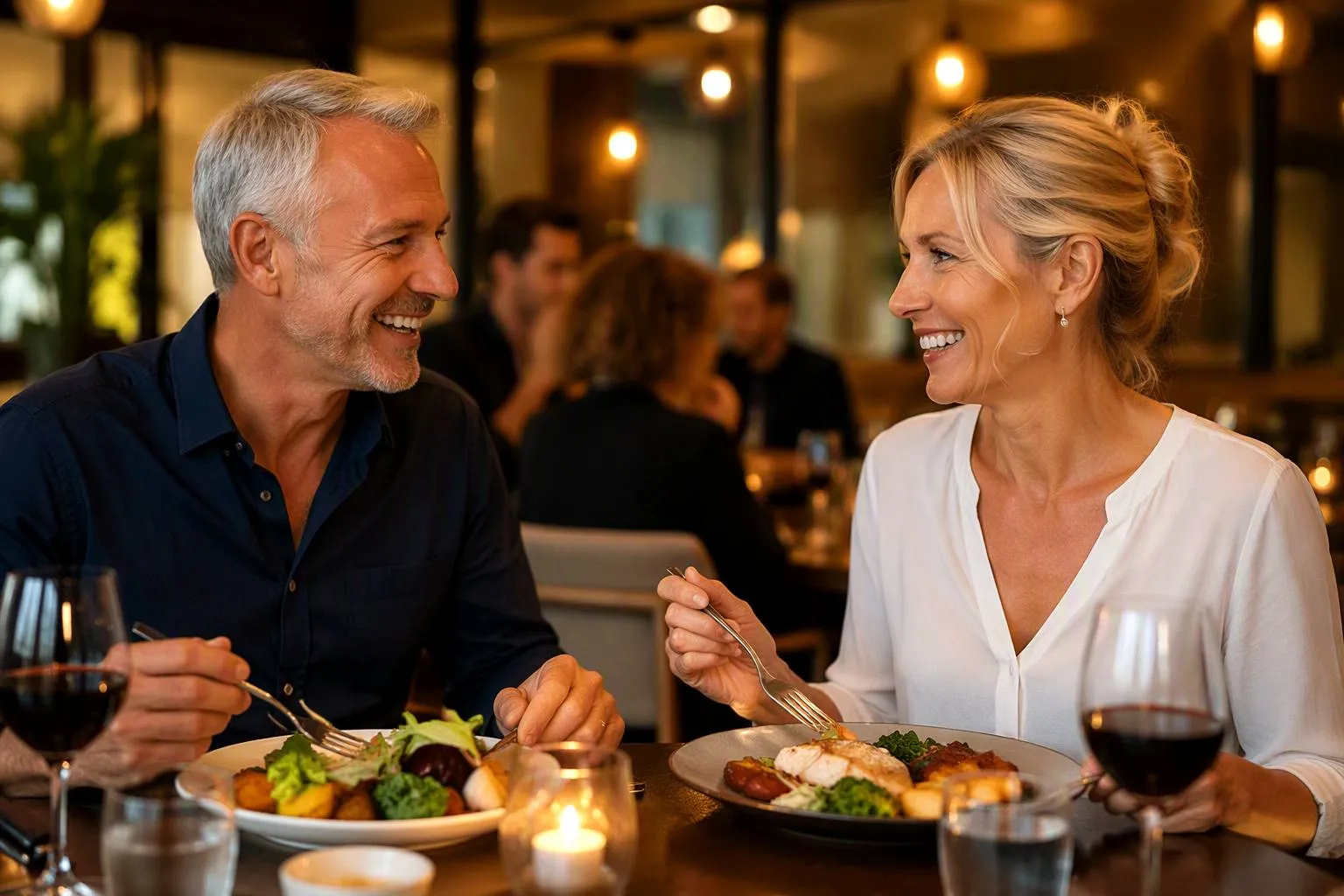 Man en vrouw eten samen aan tafel in een restaurant met warm licht, beiden lachend naar elkaar kijkend.