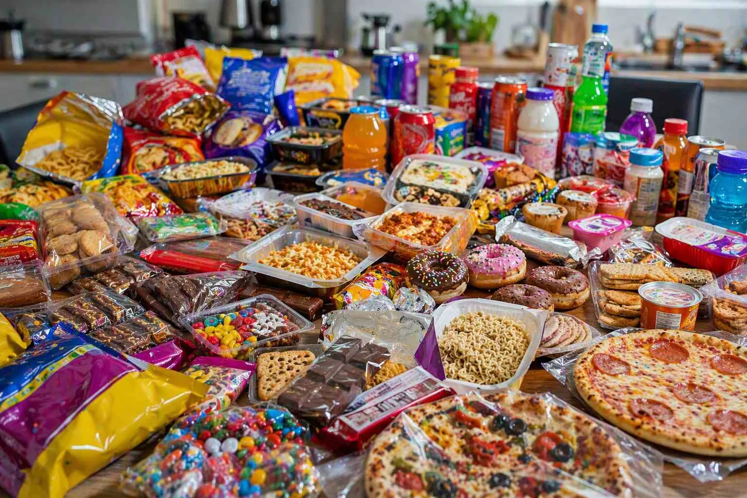 Grote verzameling verpakte voedselproducten op een keukentafel: pizza's, donuts, koekjes, noodles, snoep en dranken.