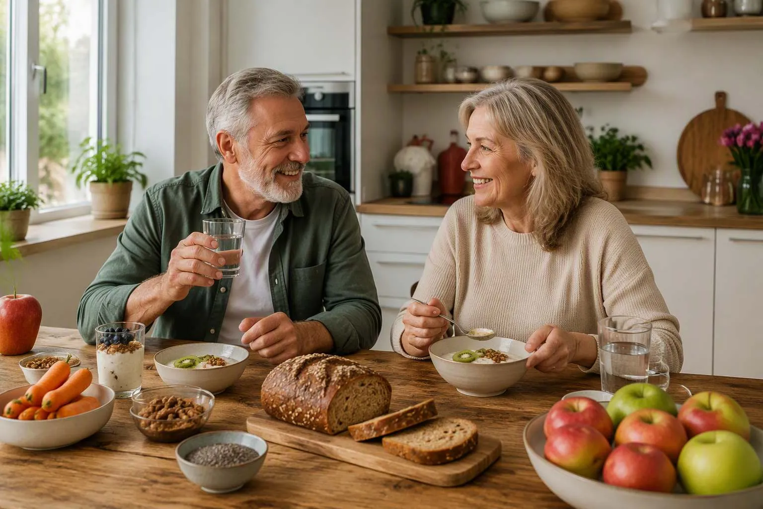 Twee volwassenen eten ontbijt aan een houten tafel met groenten, brood, yoghurt en fruit.