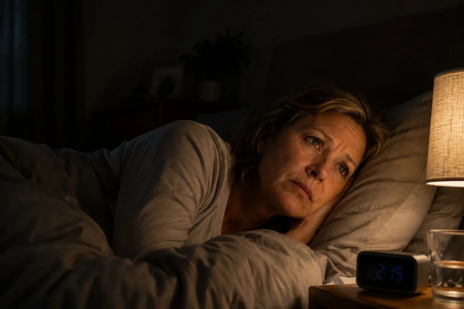 Vrouw ligt wakker in bed en kijkt bezorgd naar een wekker die 2:15 uur aangeeft.