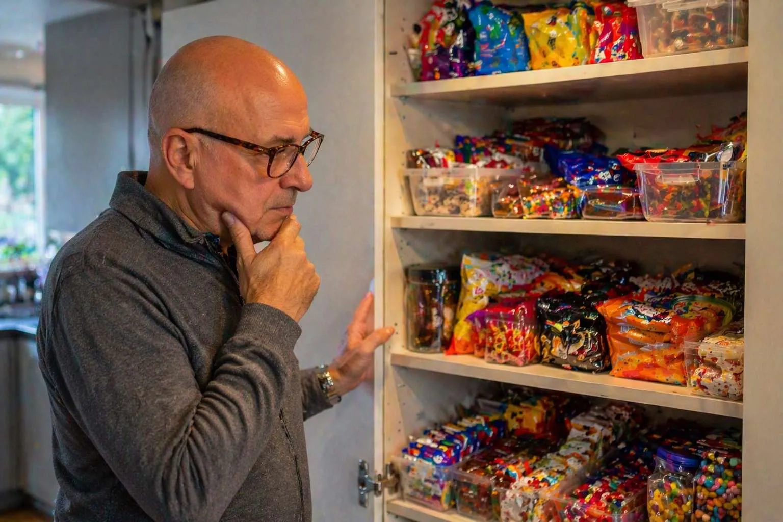 Man met bril kijkt nadenkend naar een open kast vol gekleurde speelgoedverpakkingen.