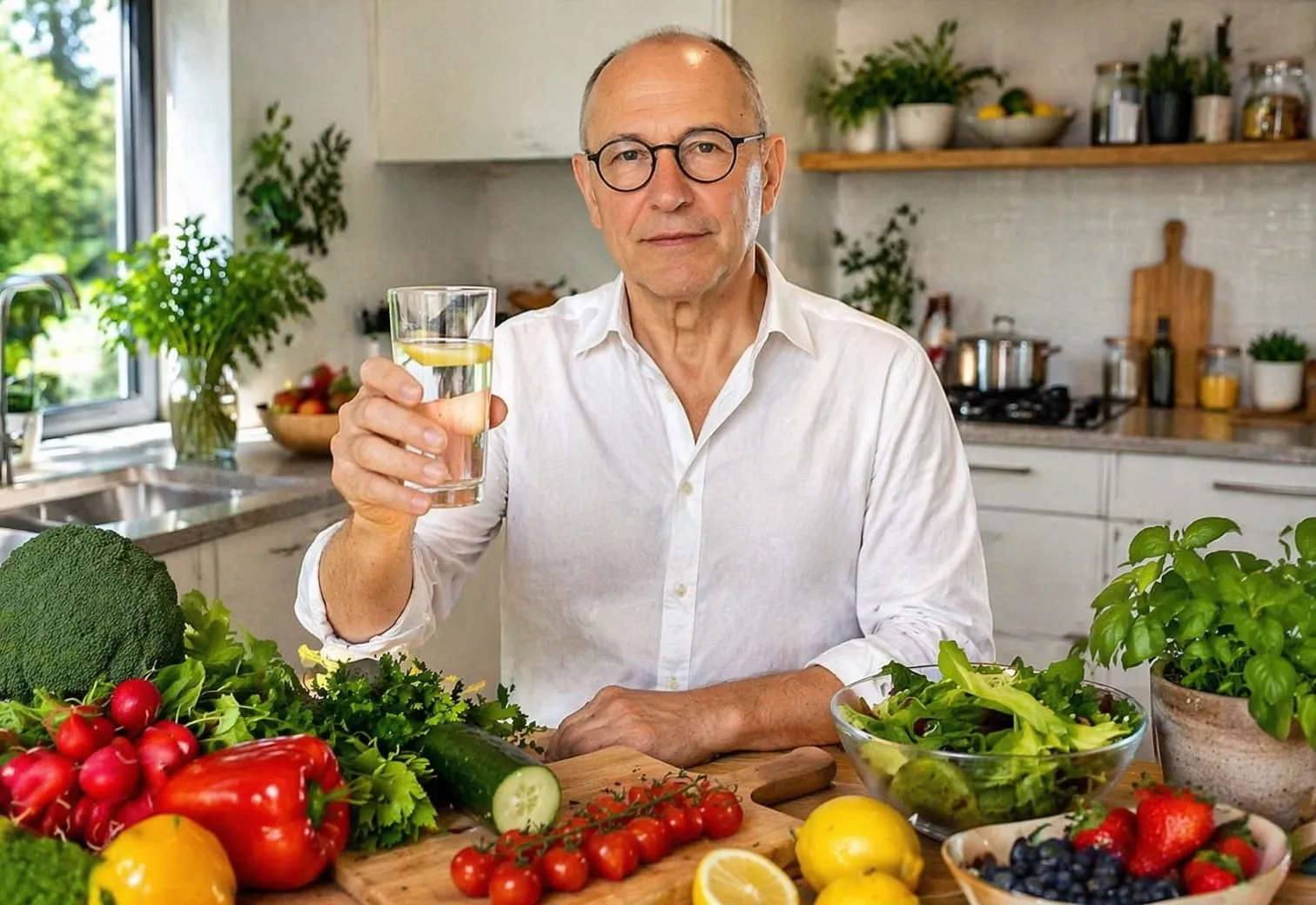 Man met bril in wit overhemd houdt glas water omhoog in een moderne keuken omgeven door groenten en fruit.