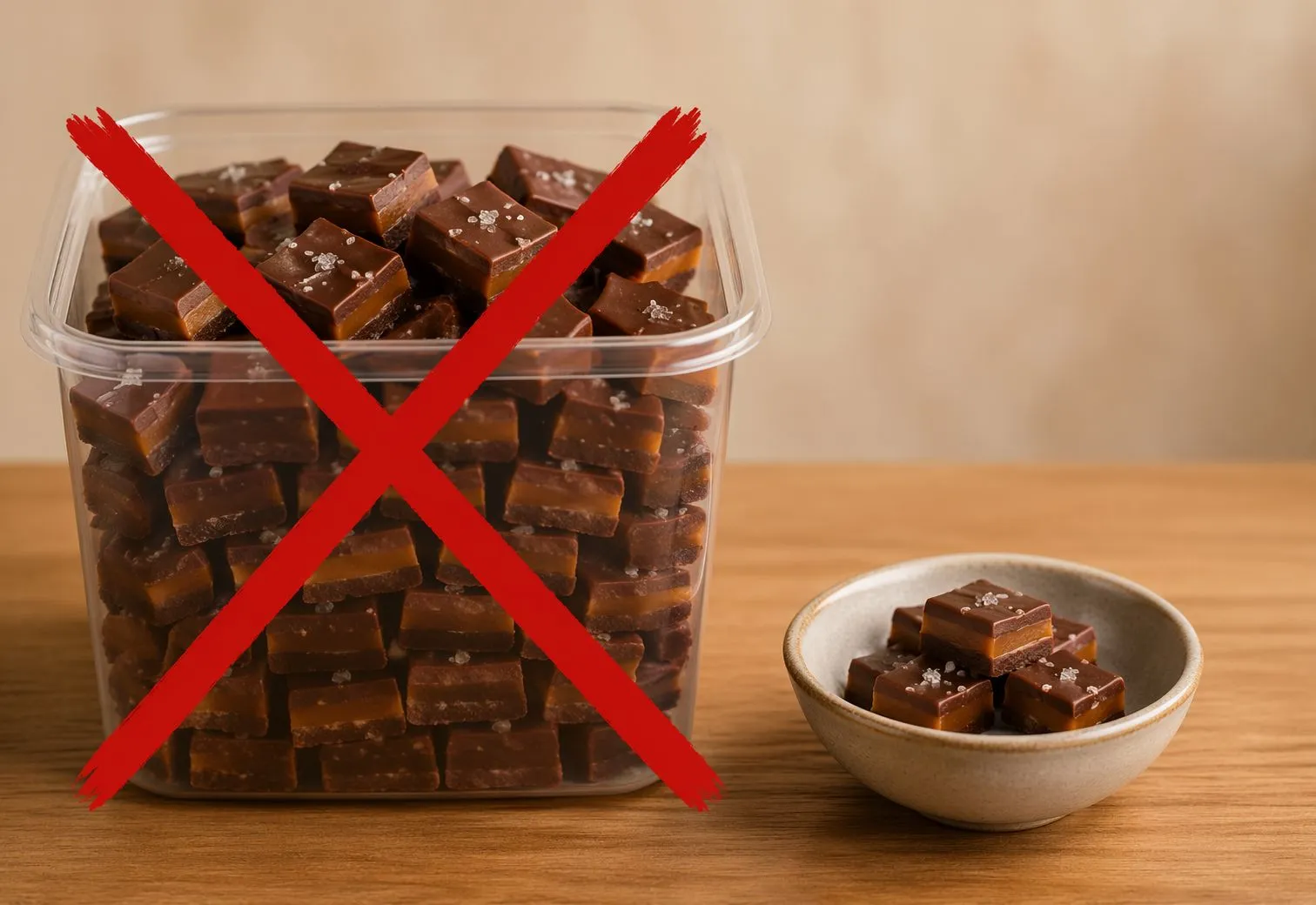Grote plastic bak vol chocoladestukjes met rood kruis erover, naast kleine kom met enkele stukjes.