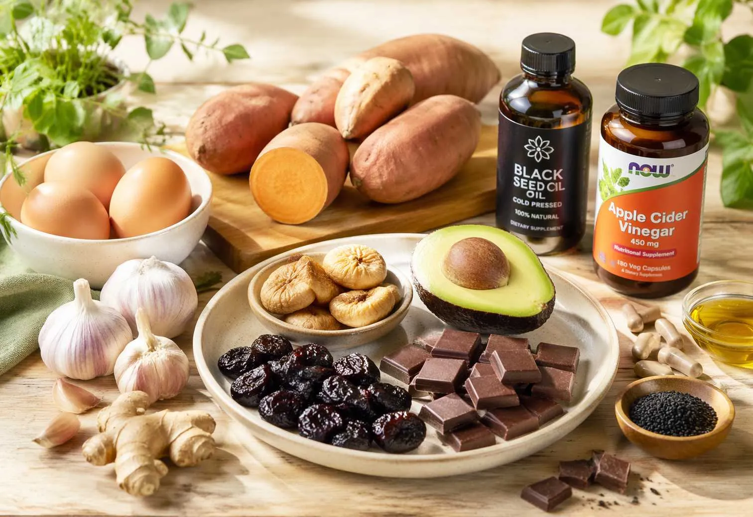 Voedingsmiddelen op houten tafel: eieren, zoete aardappelen, knoflook, avocado, noten, gedroogde vruchten, chocolade, olie en supplementflessen.