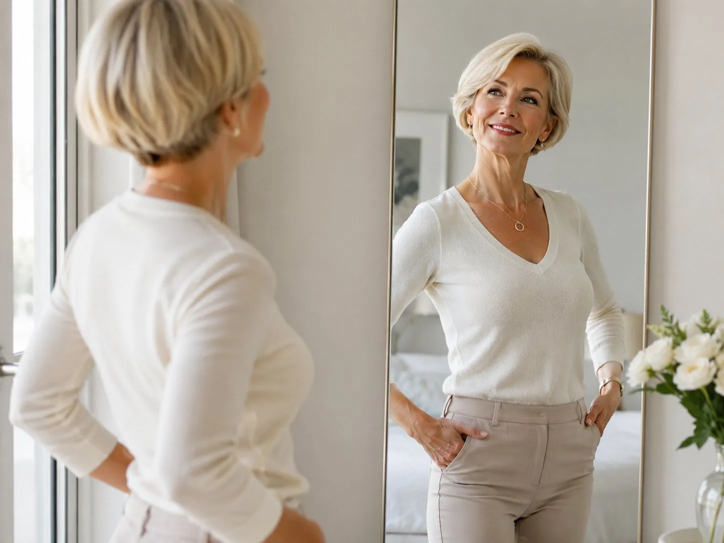 Vrouw kijkt naar zichzelf in spiegel, glimlachend, in witte trui en beige broek.