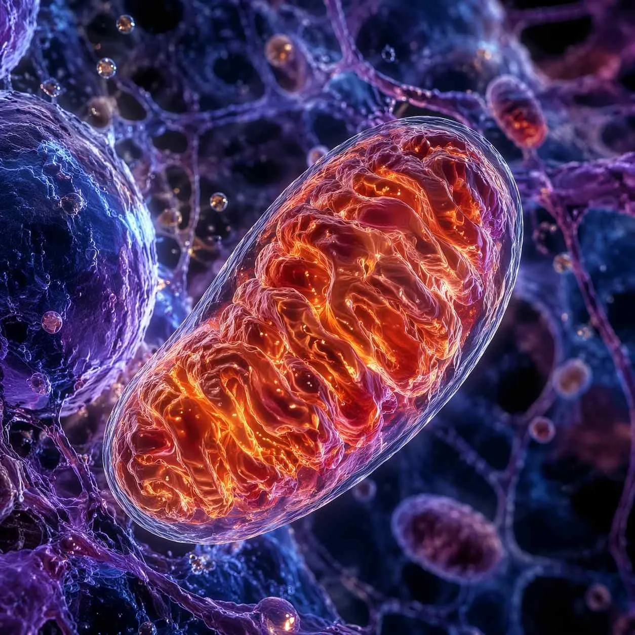 Microscopische weergave van een mitochondrion met oranje-gloeiende binnenkant, omgeven door paarse cellen.