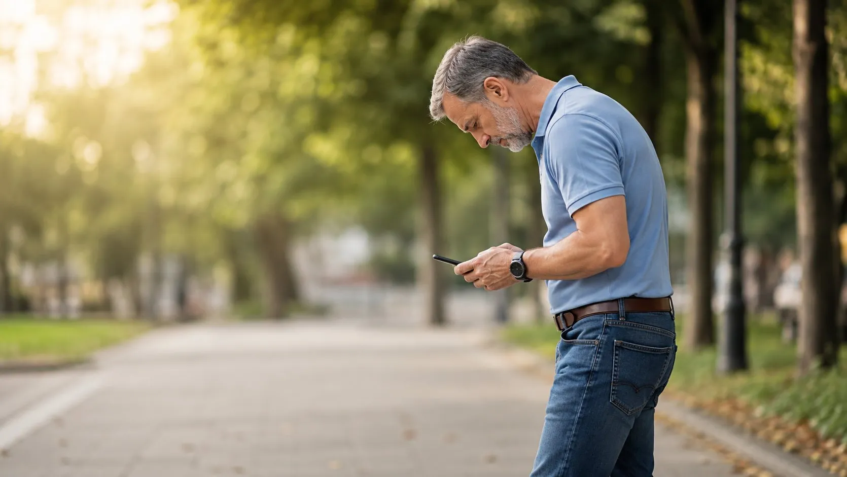 Man in blauw poloshirt kijkt naar zijn smartphone op een boomrijke laan.