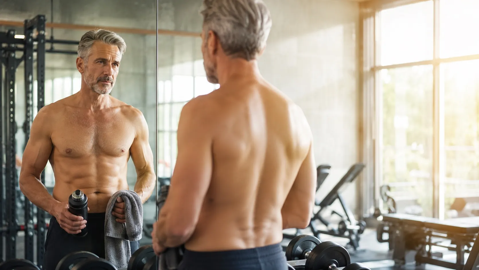 Man kijkt in spiegel in fitnessruimte terwijl hij halter vasthoudt en handdoek over schouder draagt.